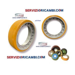 Distribuiamo Ruote Motrici per Transpallet 250x76 in Poliuretano a 8 Fori e Rulli per Transpallet