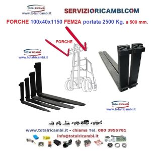 Cerchi le Forche per Carrelli Elevatori e Muletti 100x40x1150 FEM2a da 2500 Kg. a 500 mm. Forca e ricambi per Carrelli Elevatori,