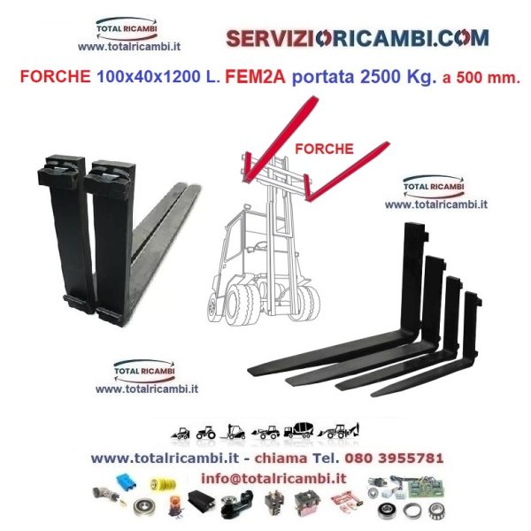 Cerchi le Forche per Carrelli Elevatori e Muletti 100x40x1200 FEM2a da 2500 Kg. a 500 mm. Forca e ricambi per Carrelli Elevatori,