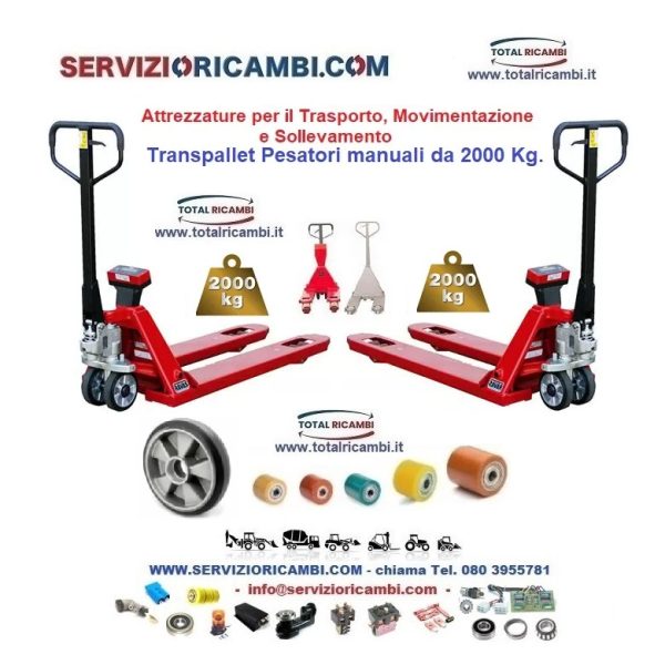 Cerchi Transpallet pesatore 575x1150 da 2000 kg. e Transpallet pesatore con stampante, Transpallet manuali 540x800 da 2500 Kg.